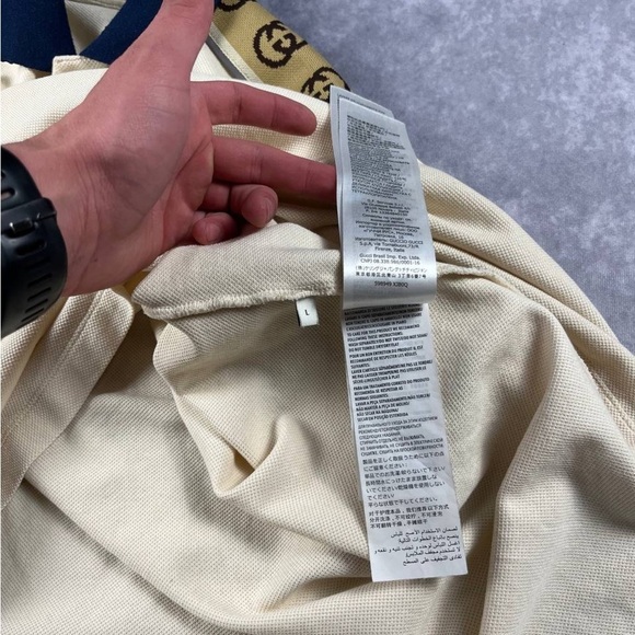 Men's Beige Polo Shirt with Navy Collar - Picture 5 of 6